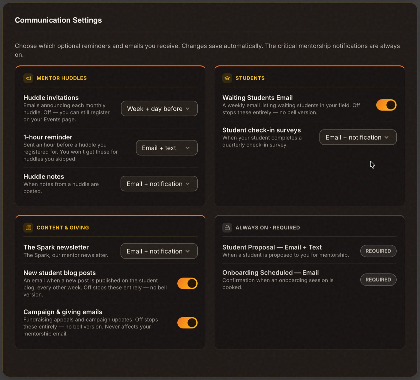 The Communication Settings panel on the mentor profile