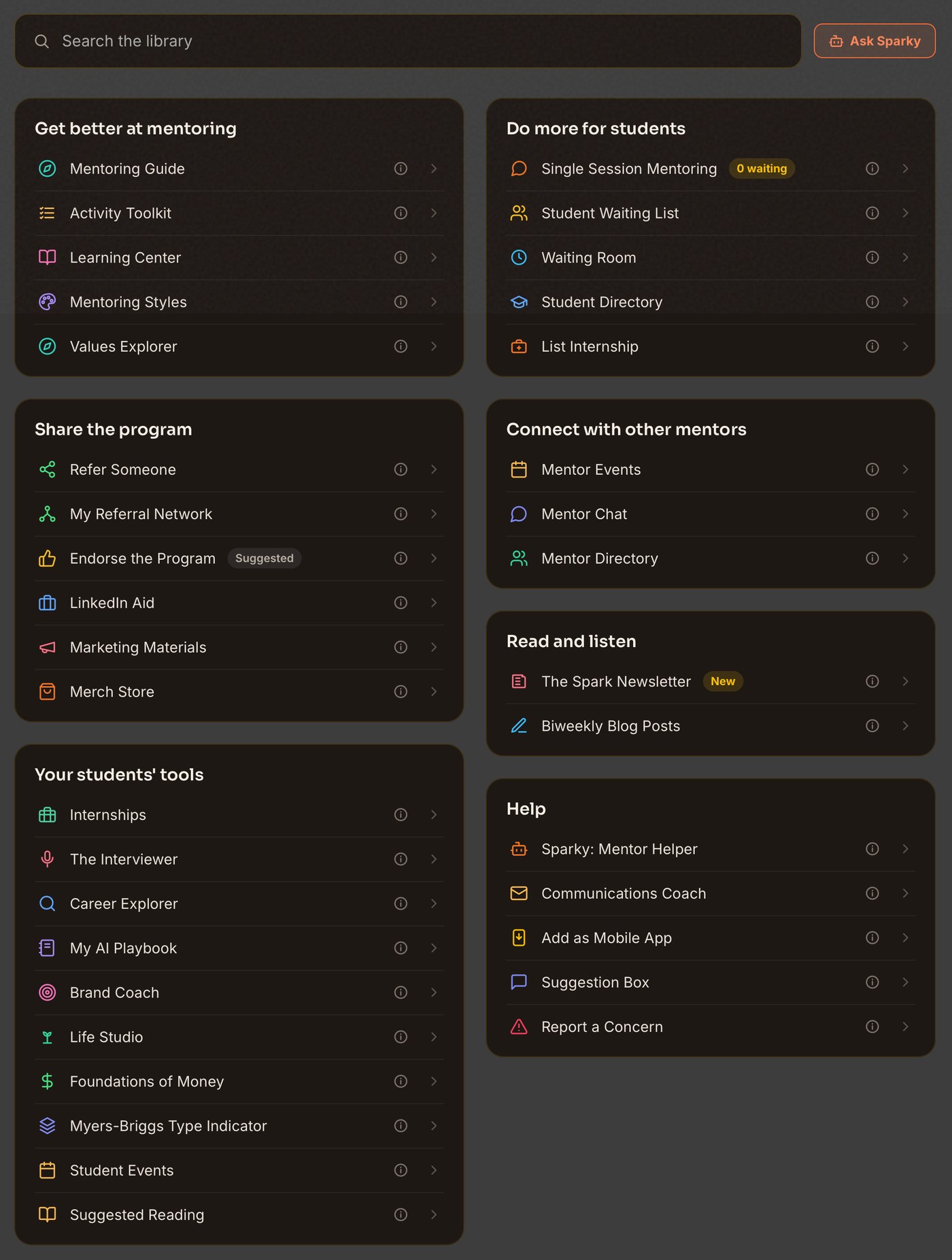 The Library: a search box and an Ask Sparky button above grouped lists such as Get better at mentoring, Do more for students, Share the program, Connect with other mentors, Read and listen, Your students' tools and Help